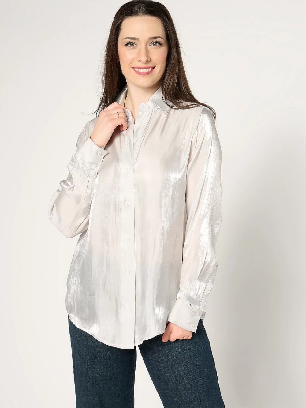 by Stacy London Metallic Foundation Button Front Shirt, Silver Sz 1X a671322